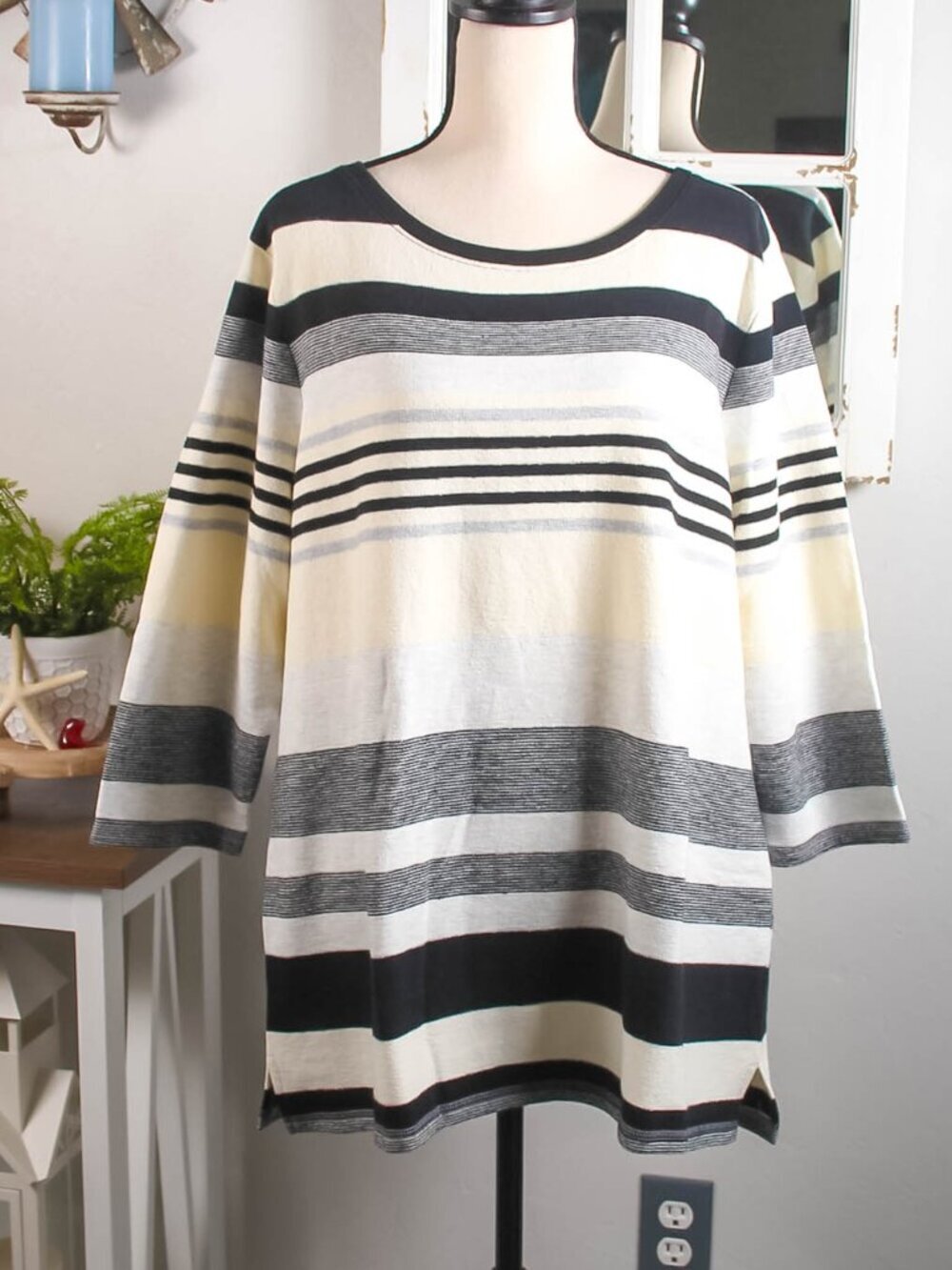 NWT Talbots 2X Black White Striped Top 3/4 Sleeve